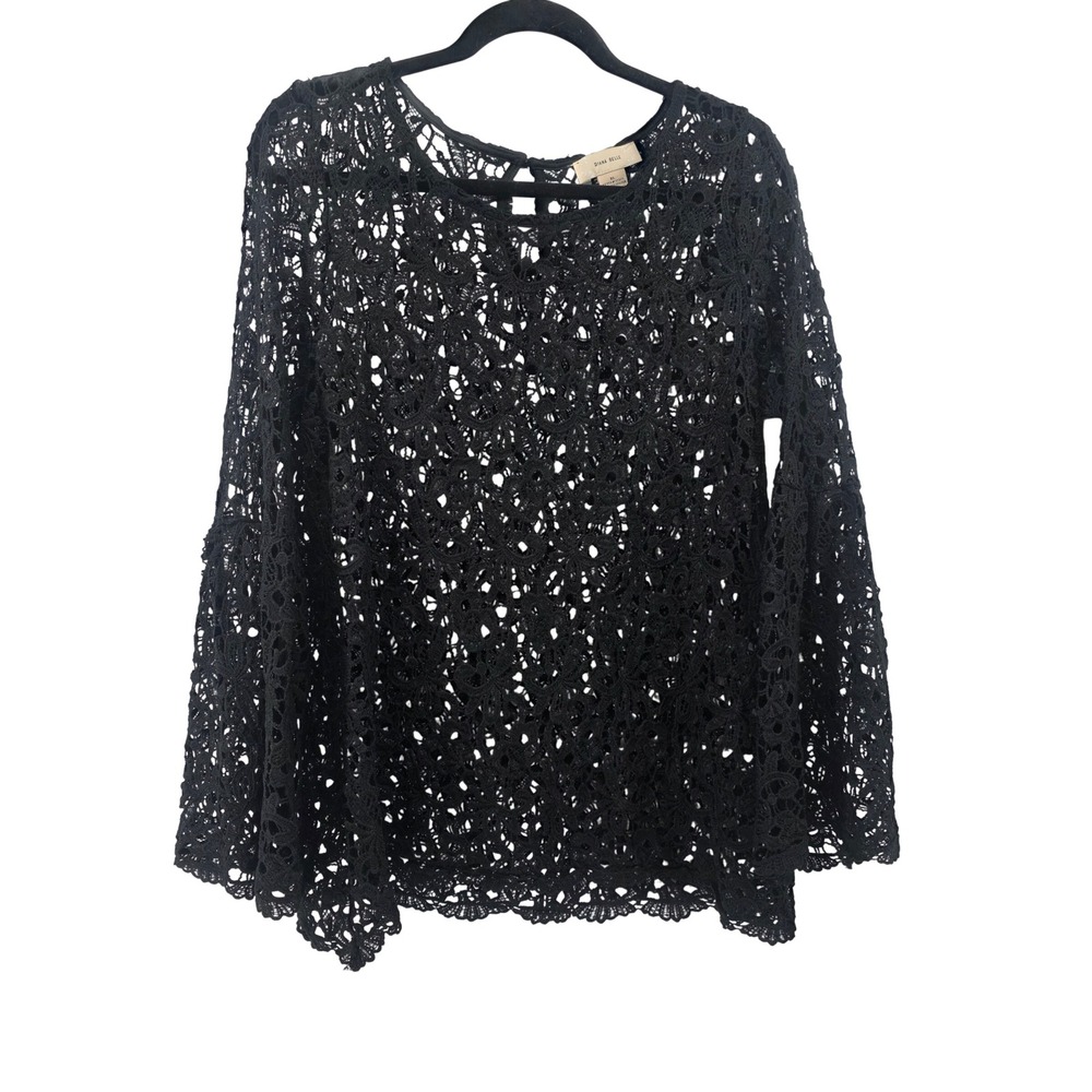 Diana Belle Womens XL Black Floral Lace Bell Sleeve Blouse Top Layering